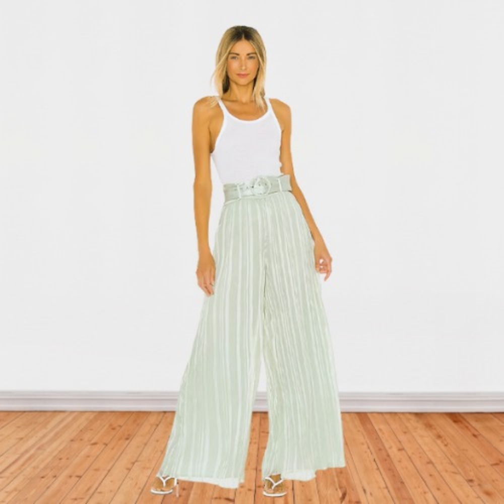 Lovers & Friends Sea Breeze Pants Mint Green Satin Chiffon Medium LONG Wide Leg